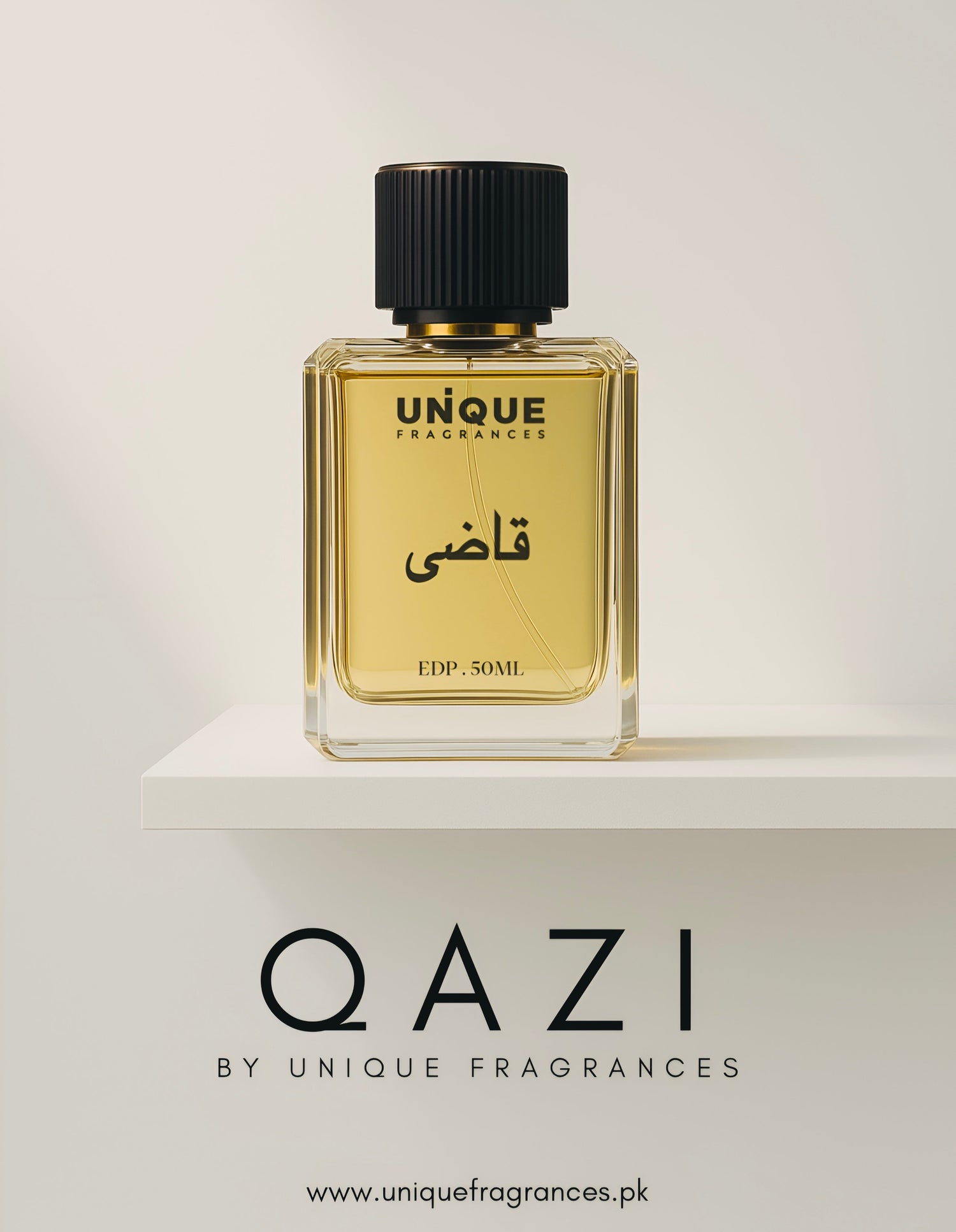 Perfume bottle labeled 'Qazi' by Unique Fragrances on a light gray background